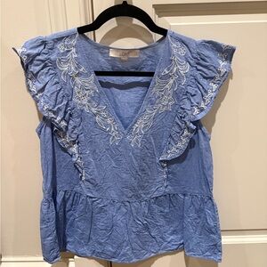 LOFT Blue Ruffled Embellished Blouse